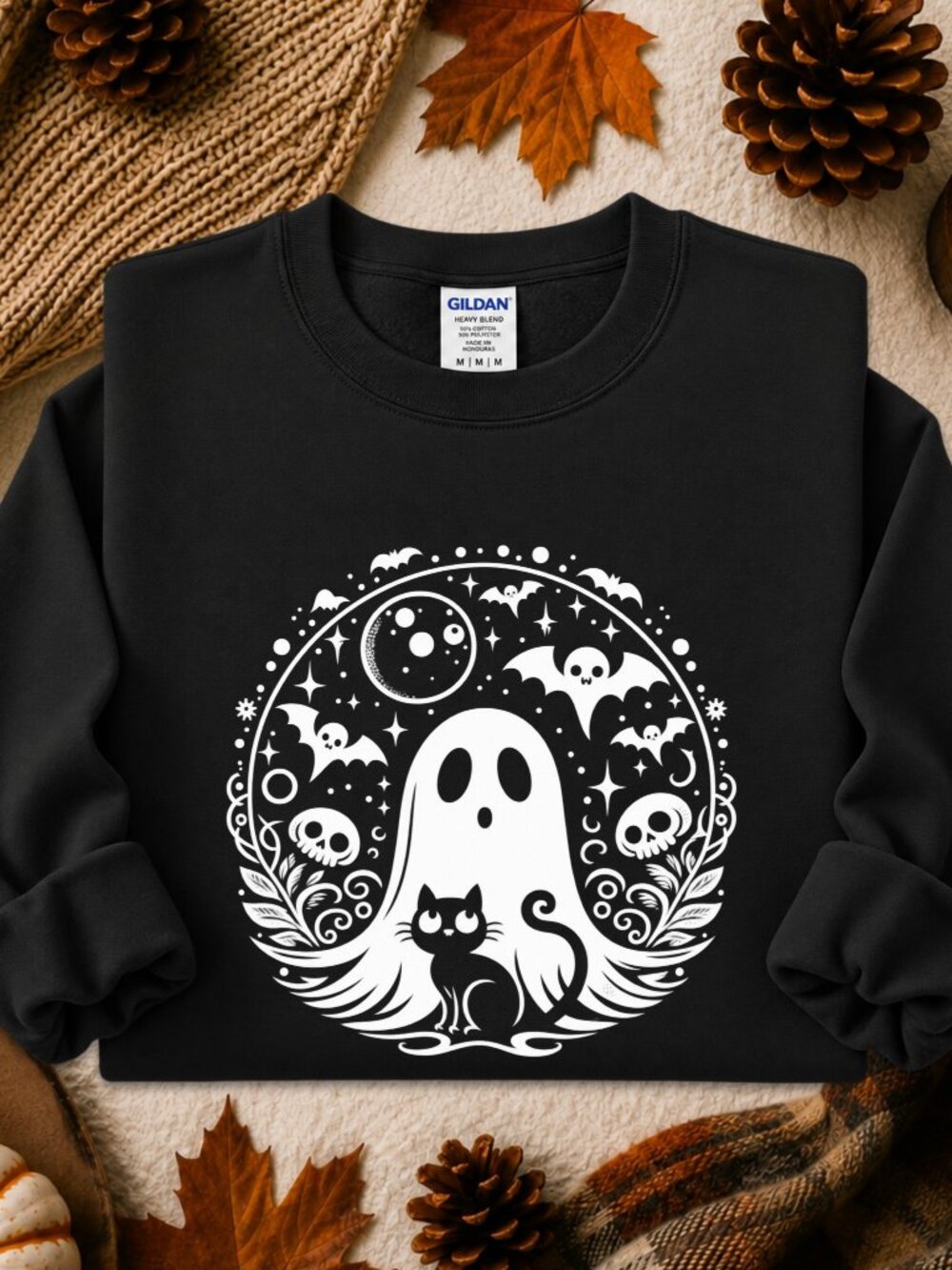 Halloween Spooky Ghost Circle Sweatshirt Adult Graphic Crewneck Cat Bats Skull